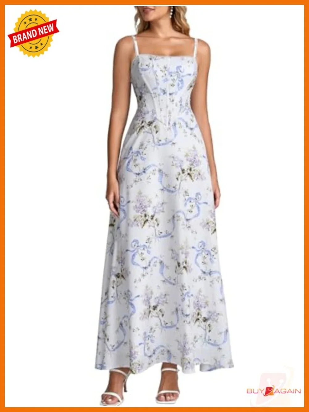 Corset Spaghetti Strap Floral Maxi Dress Square Neck Backless Formal
